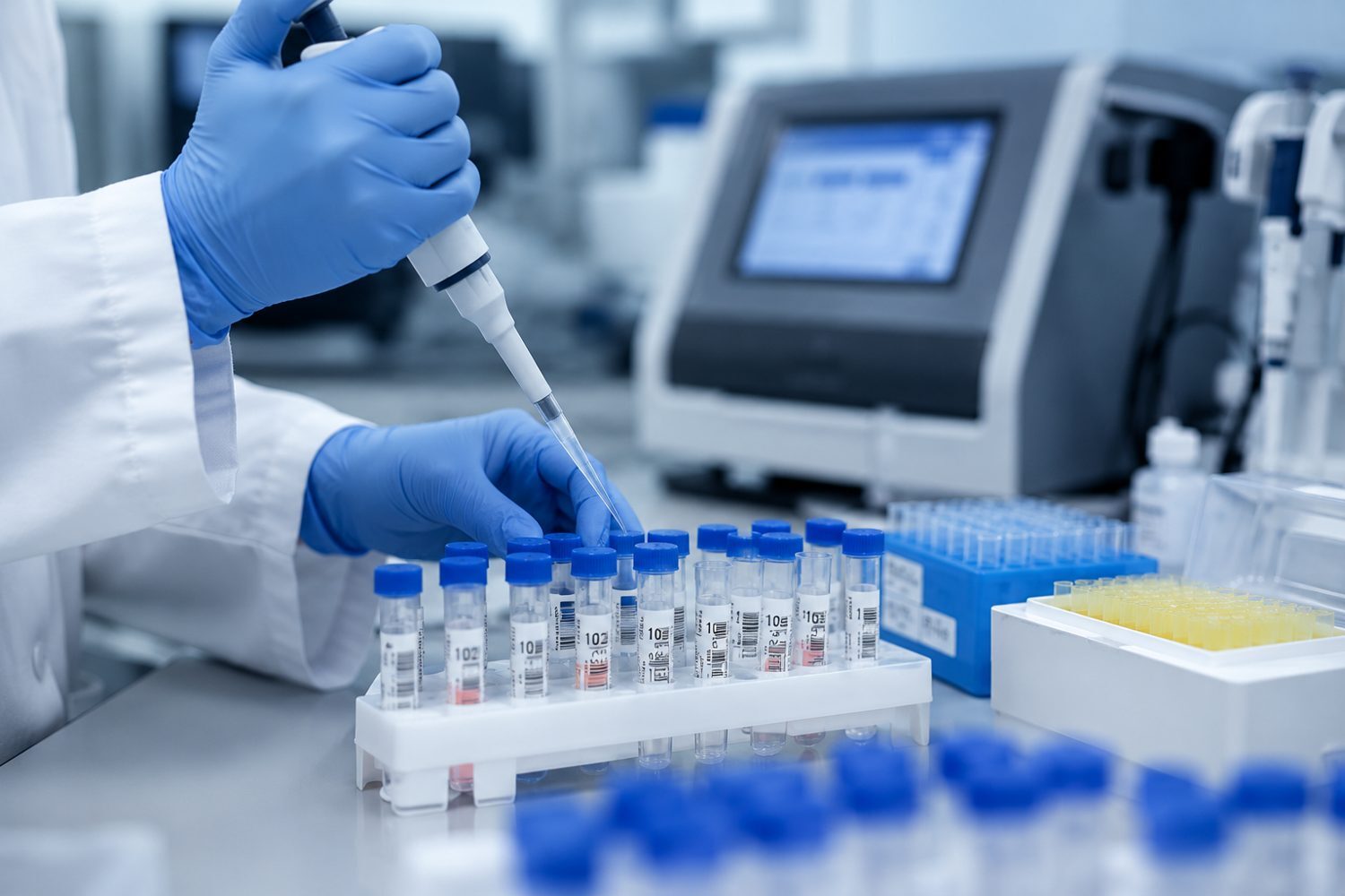 A laboratory technician working with patient samples at SNT Biotech Lab