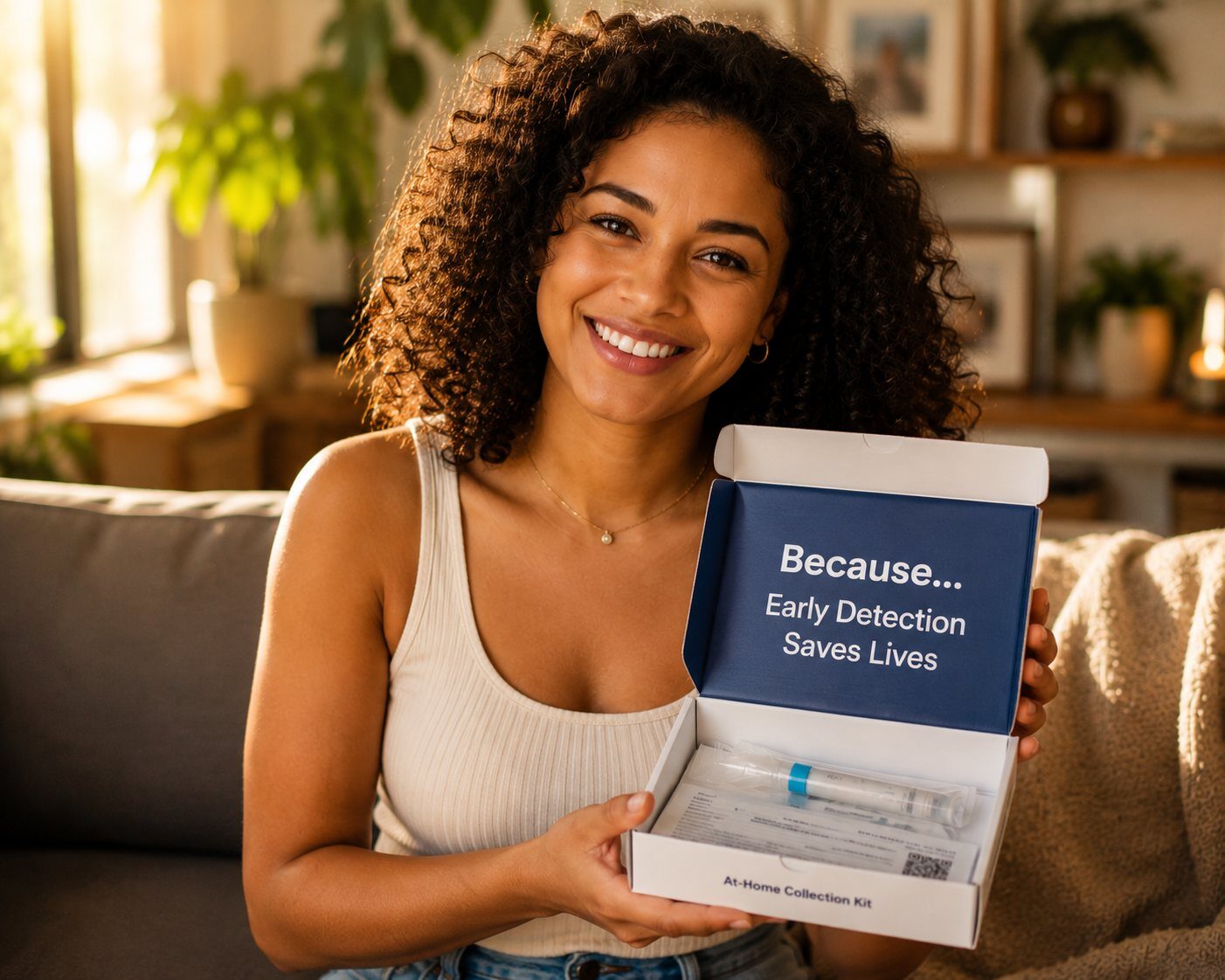 A woman at home holding an SNT Biotech at-home collection kit