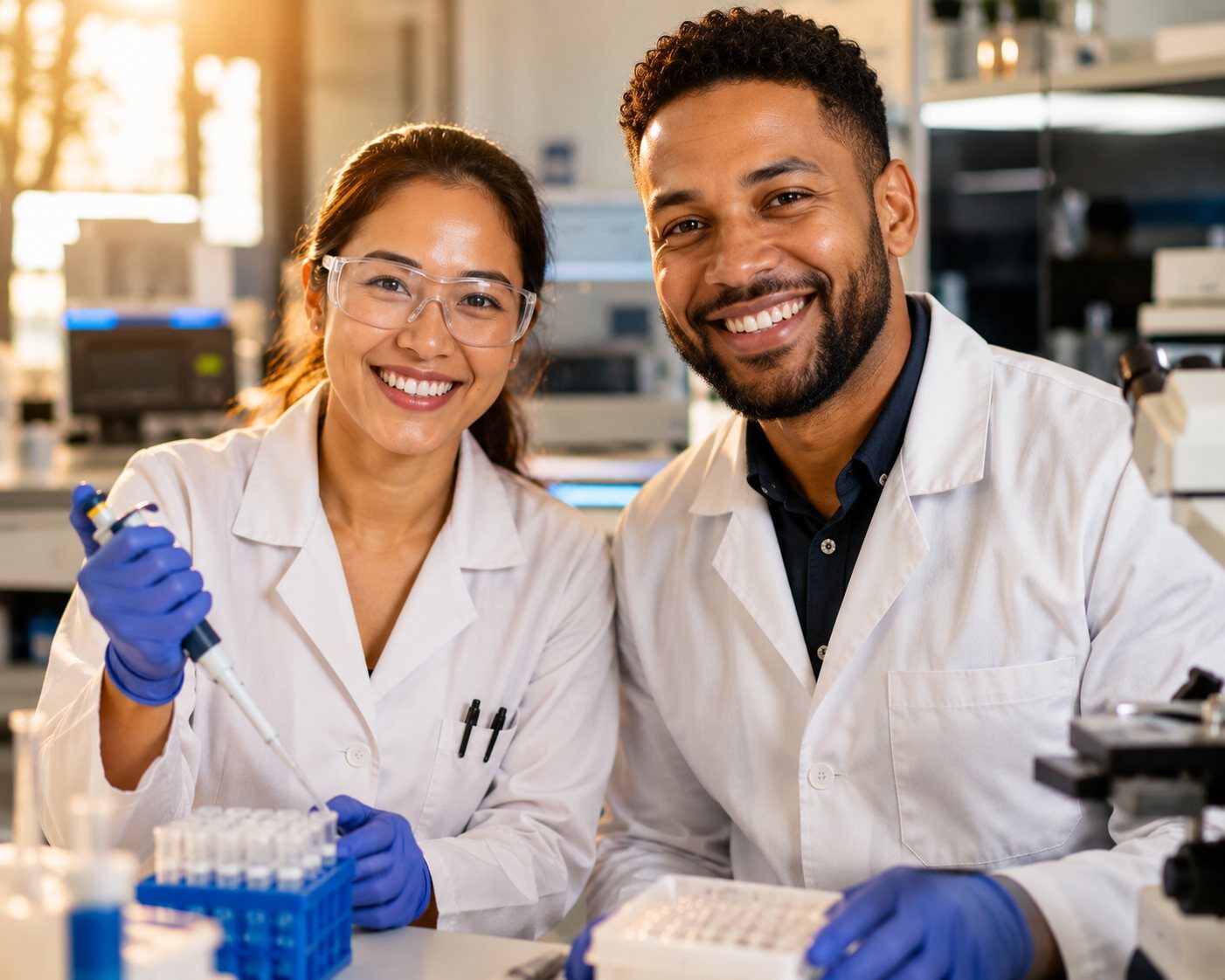 Two SNT Biotech laboratory scientists smiling in the lab