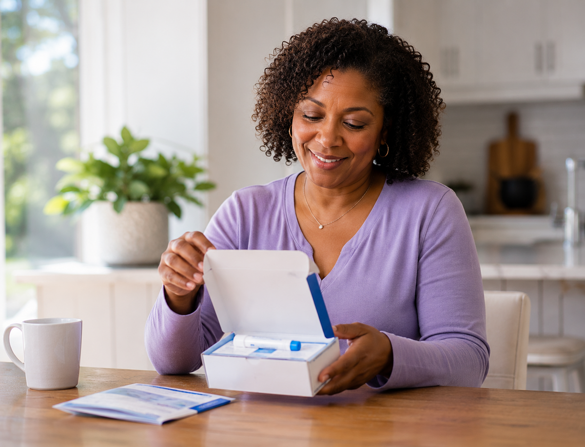 A woman completing an at-home screening kit at home