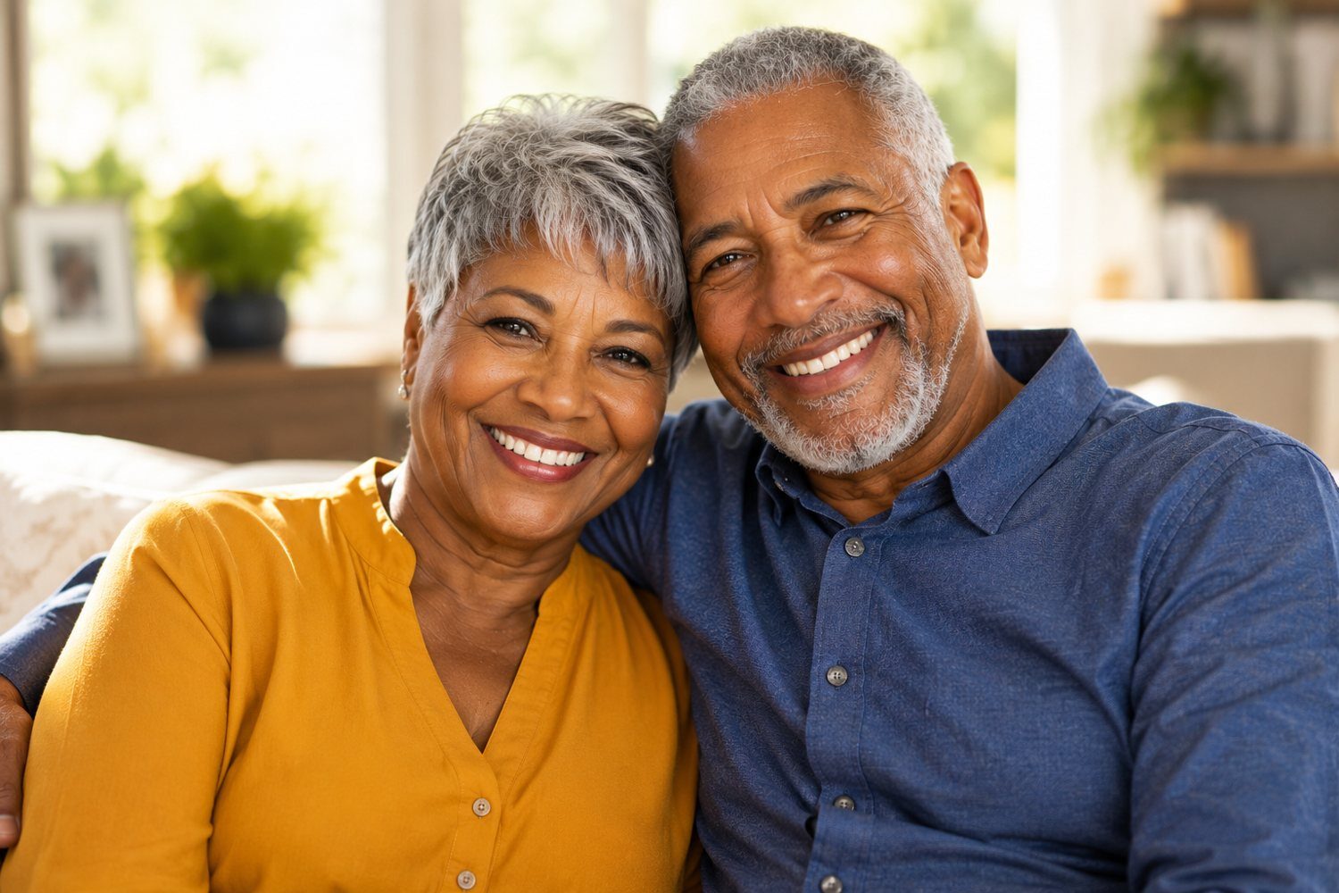 An older couple smiling together at home